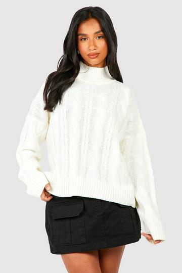 Cream White Petite Turtleneck Cable Sweater