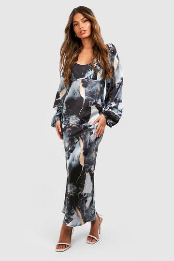 Marble Print Blouson Sleeve Midaxi Dress charcoal