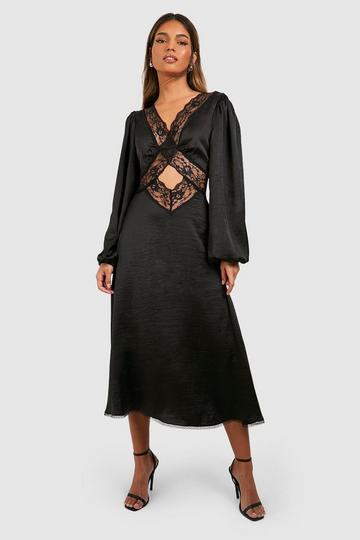 Satin Lace Detail Blouson Sleeve Midi Dress black