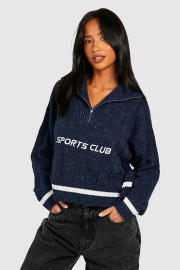 Petite Embroidered Cable Knit Cropped Half Zip Jumper navy