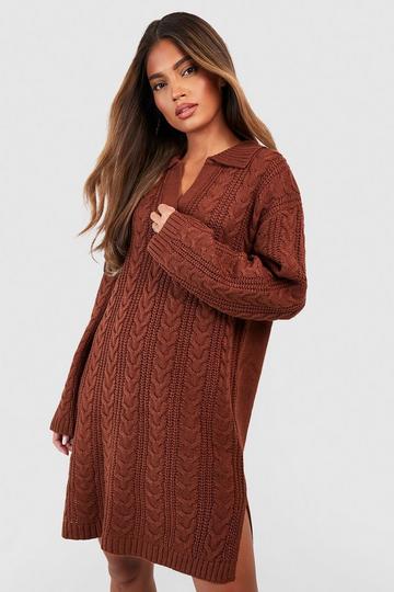 Polo Neck Cable Knitted Mini Dress brown