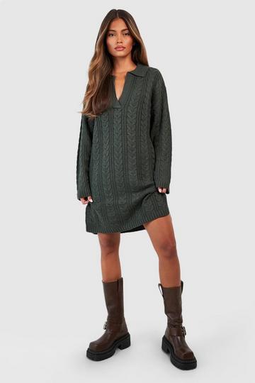 Polo Neck Cable Knitted Mini Dress khaki
