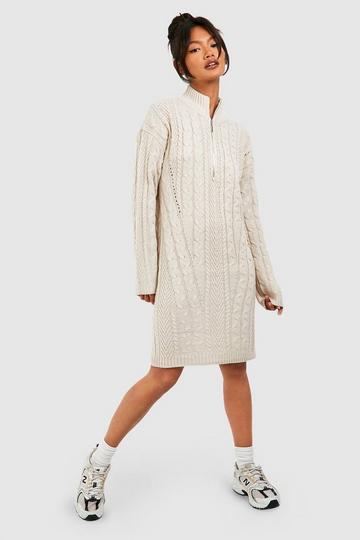 Half Zip Cable Knitted Mini Dress stone