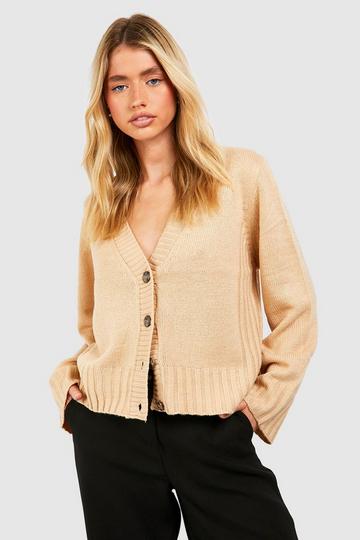 Camel Beige Knitted Button Through Wide Sleeve Cardigan