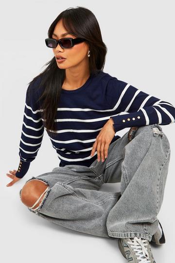 Stripe Sleeve Detail Turtle Neck Knitted Sweater navy
