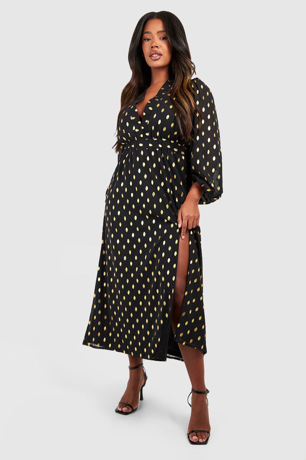 Boohoo plus metallic 2025 spot wrap midi dress