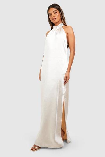 Champagne Beige Satin Halterneck Maxi Slip Dress