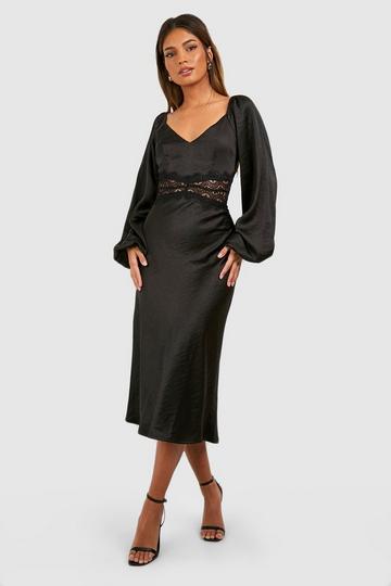 Lace Trim Satin Blouson Sleeve Midi Dress black