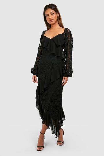 Lace Panelled Ruffle Midi Dress black