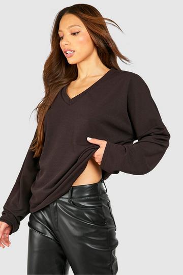 Tall Skinny Rib Deep V Neck Oversized Relaxed Top chocolate