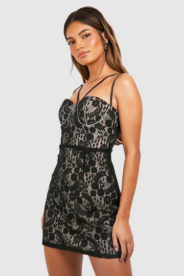 Black Lace Strap Detail Detail Corset Mini Dress