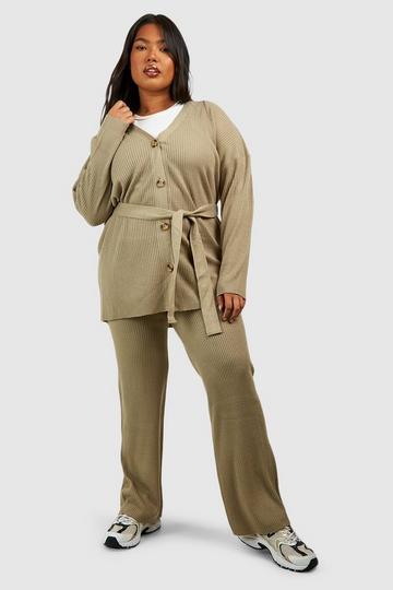 Khaki Plus Slouchy Belted Cardigan And Wide Leg Knit Set