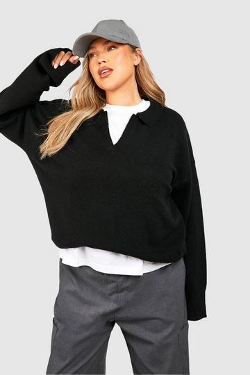 Black Plus Soft Knit Polo Collar Sweater