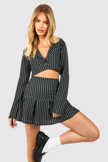 Crepe Pinstripe Boxy Blazer & Pleated Mini Skirt black
