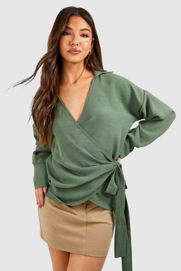 Hammered Wrap Front Tie Side Shirt khaki