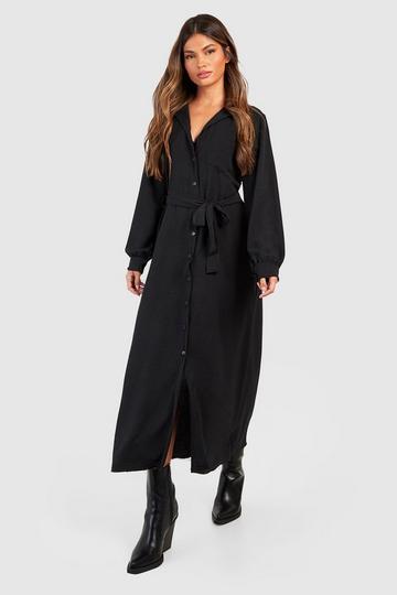 Hammered Pocket Detail Long Sleeve Midi Shirt Dress black
