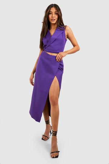 Purple Thigh Split Wrap Front Tailored Maxi Skirt
