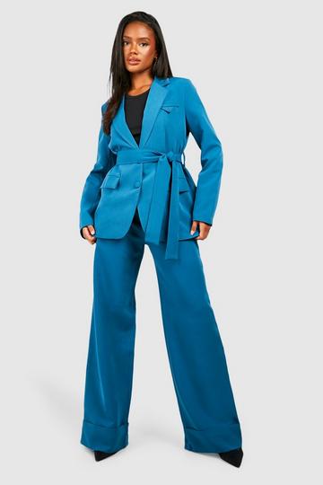 Turn Cuff Wide Leg Relaxed Fit Tailored Trousers petrol