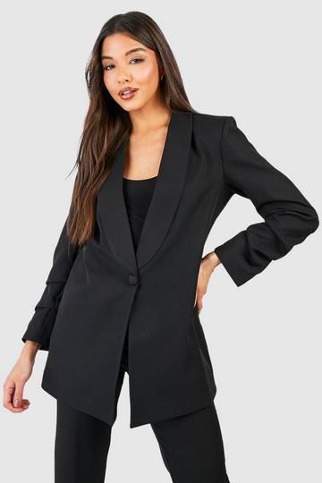 Plunge Front Fitted Ruched Sleeve Blazer black