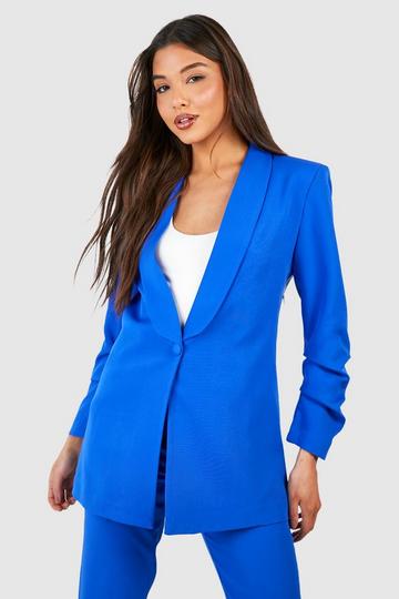Plunge Front Fitted Ruched Sleeve Blazer cobalt