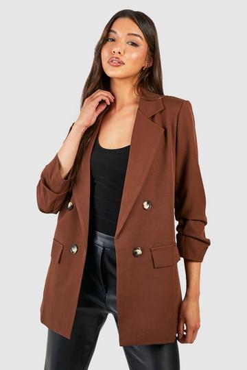 Double Breasted Mock Horn Ruched Sleeve Blazer chocolate