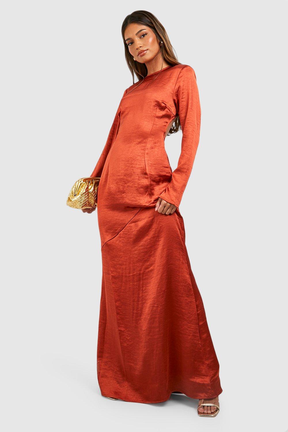 Orange silky long outlet sleeve panelled dress