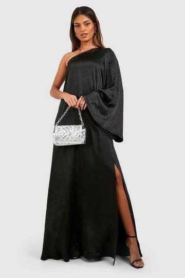 Black Satin Flare Sleeve Trapeze Maxi Dress