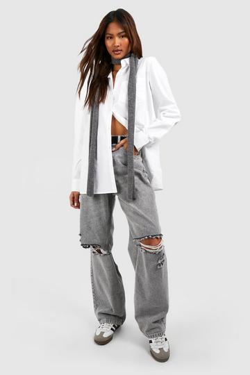 Grey Tall Ripped Knee Distressed High Waist Wide Leg Jeans