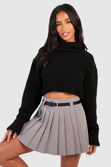 Grey Petite Belt Detail Pleated Woven Mini Skirt