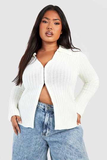 Plus Long Sleeve Hook And Eye Knitted Collared Top ecru