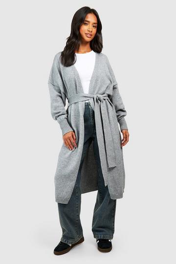 Petite Longline Belted Knit Cardigan grey