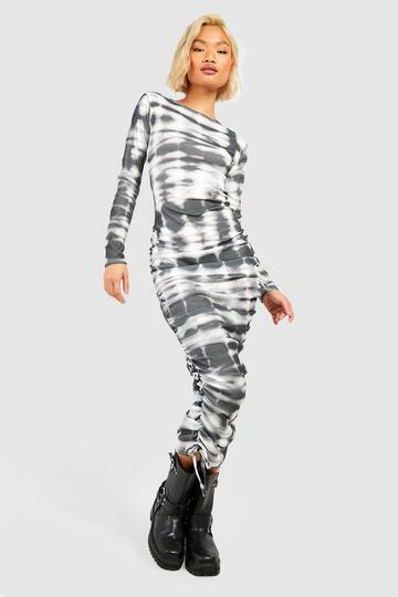 Printed Rouched Detail Ribbed Midi Dress grey