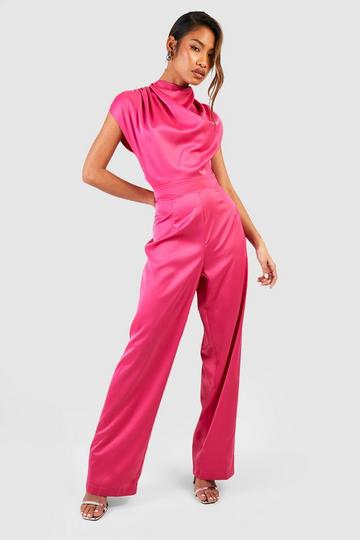 Pink Satin Drape Blouson Jumpsuit