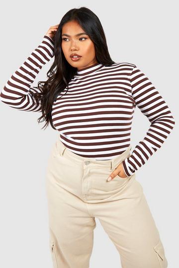 Plus High Neck Long Sleeve Stripped Top chocolate