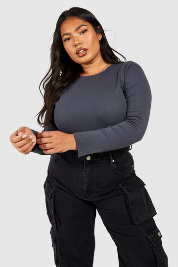 Plus Straight Neck Long Sleeve Bodysuit charcoal