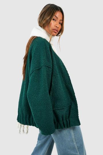 Green Oversized Wool Look Bomber Jacket