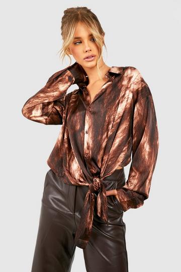 Satin Abstract Tie Side Shirt chocolate