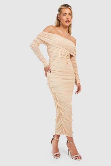 Ruched Mesh Off The Shoulder Midi Dress stone