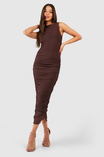 Chocolate Brown Rouched Mesh Midaxi Dress