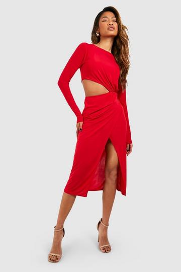 Red Double Slinky Cut Out Midi Dress