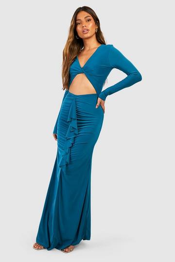 Blue Double Slinky Long Sleeve Ruched Midi Dress