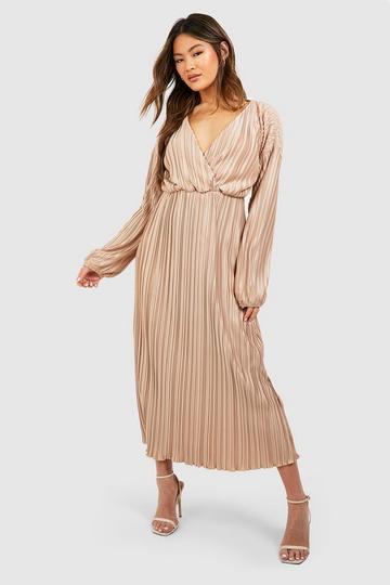 Champagne Beige Wide Plisse Wrap Midaxi Dress