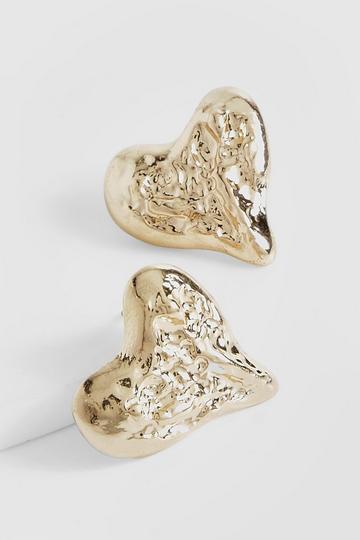 Gold Metallic Textured Heart Stud Earrings