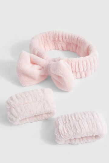 Toweling Hair Tie And Wrist Set pink