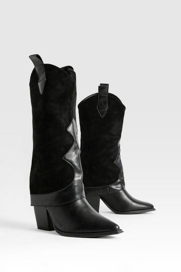 Black Knee High Fold Over Western Cowboy Boots