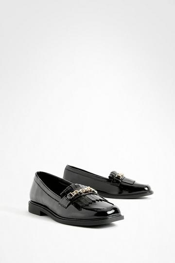 Patent Chain Trim Sqaure Toe Loafers black
