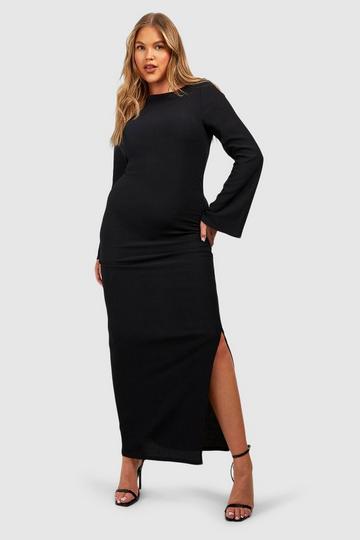 Plus Textured Long Sleeve Flare Split Midaxi Dress black