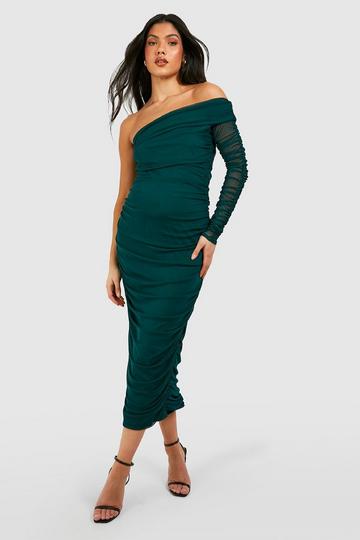 Maternity Mesh One Shoulder Ruched Midi Dress forest