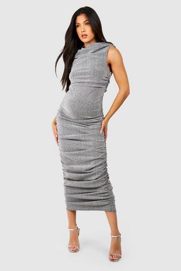 Silver Maternity Metallic Ruched Cowl Detail Midi Dress