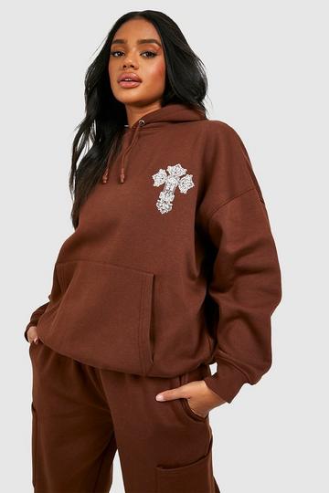 Chocolate Brown New Szn Slogan Cross Embroidered Oversized Hoodie